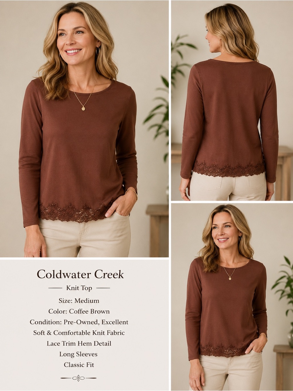 Coldwater Creek Brown Long Sleeve Top with Floral Lace